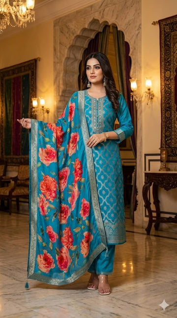 Banarasi Silk Suit Set – Jari Work Kurti Pant Dupatta |  SA1225-1017