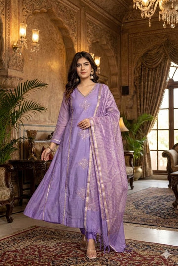 Premium Mul Chanderi Embroidered Kurti Pant Dupatta  || SA1225-1012