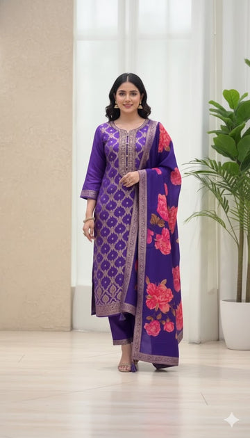 Banarasi Silk Suit Set – Jari Work Kurti Pant Dupatta |  SA1225-1018