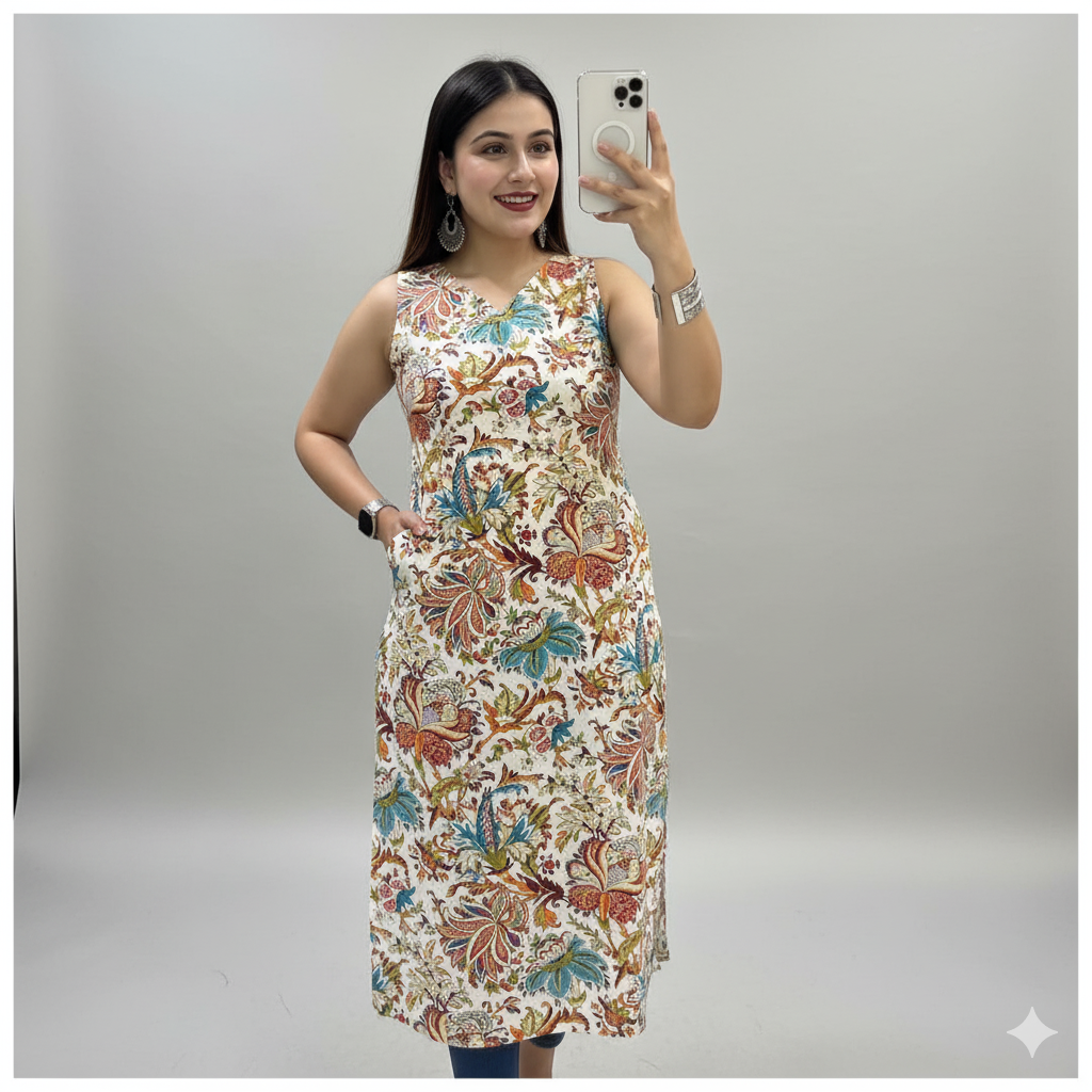Sleeveless Cotton Printed Kurti – Regular & Office Wear | Sizes M-XXL SA925-1250