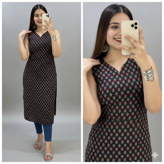 Sleeveless Cotton Printed Kurti – Regular & Office Wear | Sizes M-XXL SA925-1251