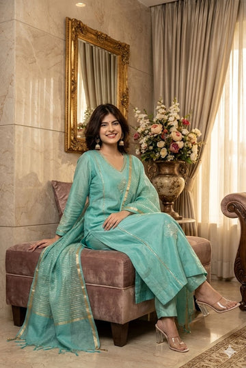 Premium Mul Chanderi Embroidered Kurti Pant Dupatta  || SA1225-1013