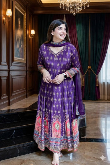 Premium Chinon Anarkali Kurti Pant Dupatta Set |  SA1225-1021
