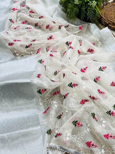 Organza weaving border Silk Saree with embroidery work & silver border