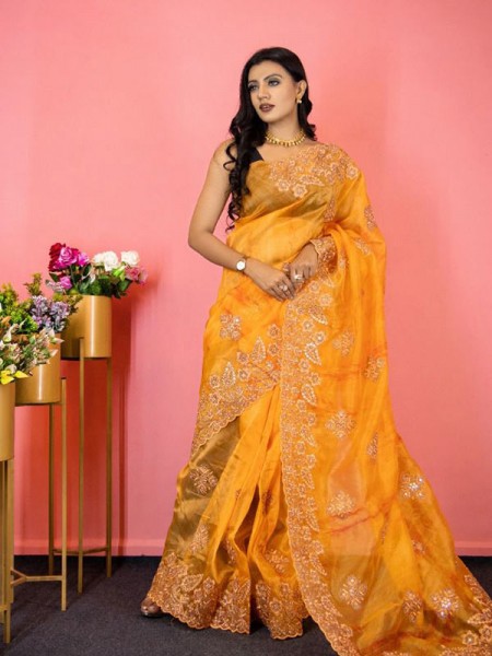 Stunning Look Organza Silk Saree with gota work all over & beautiful cutwork border