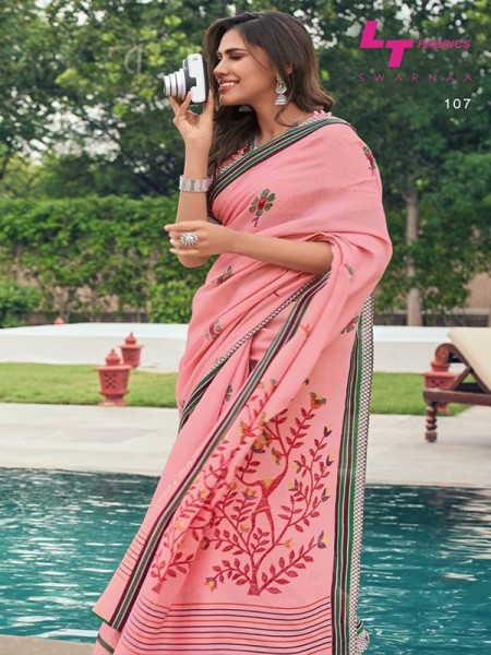 New Eye Catcher Pink Color Linen Crep Silk Printed Saree