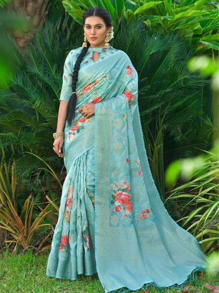 Wedding Look Munga Silk weaving Digital Printed Saree with zari woven border & pallu
