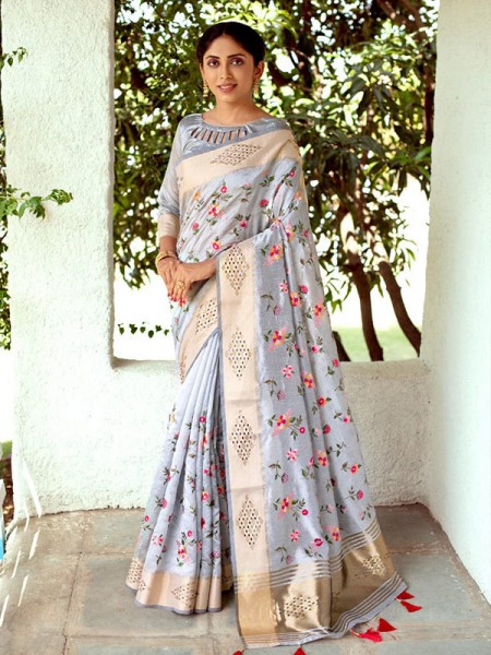 Stunning Look Mysore Silk Embroidered Cutwork Saree with Unique styling on border and Swarovski Diamond