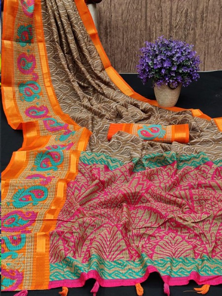 Fabulous Linen Tissue Silk  Sarees With Beautiful Prints And Zari Border