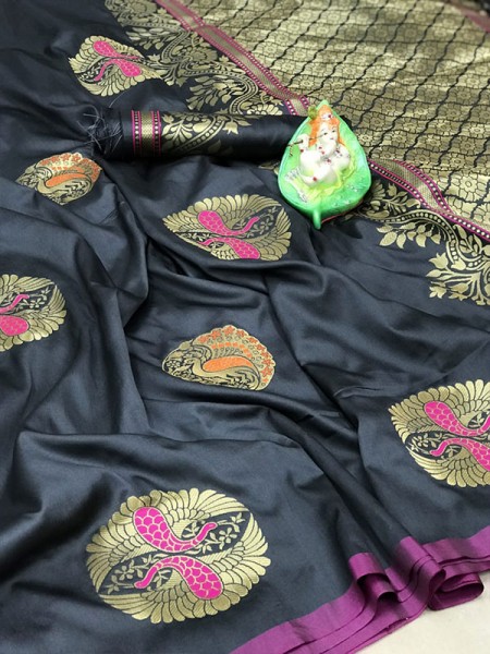 Stylish Soft Lichi Silk Saree with Gold Zari weaving work