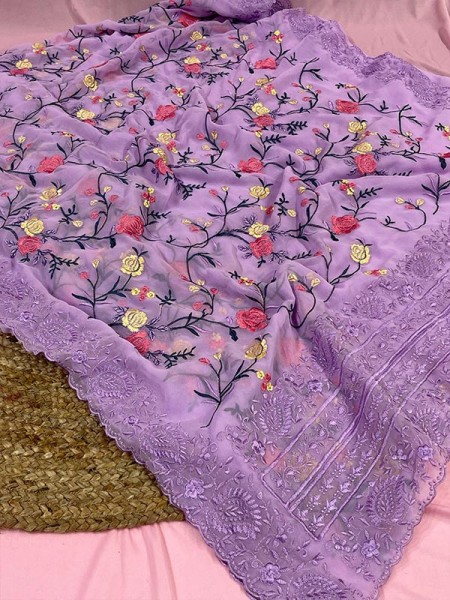Floral Style Georgett Silk Saree with flowers work jal and cutwork of matching thread work