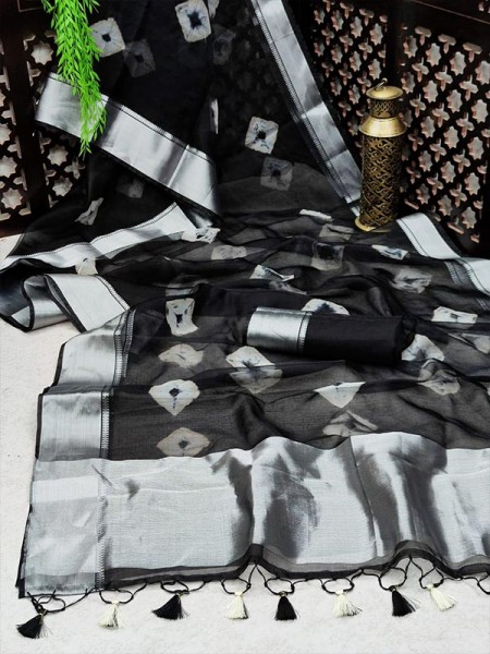 Classic Look Soft Orgenza Silk Saree with Bandhani print AllOver with silver zari border
