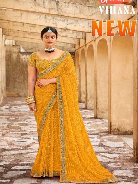 Yellow Georgett Embroidery Border With Embroidery Blouse Saree