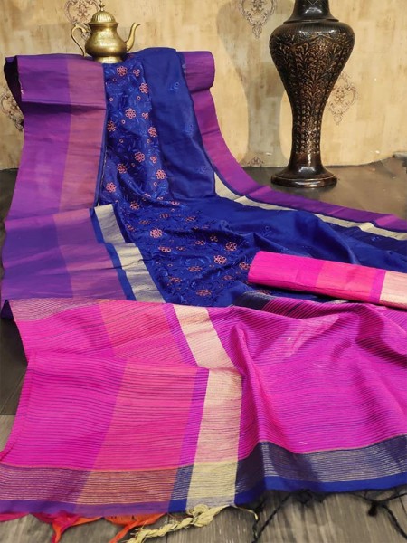Pretty Look Raw Silk Saree with Embroidered work AllOver with Zari border