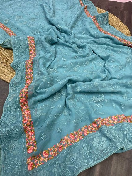 Floral Style Georgett Silk Saree with flowers work jal & matching thread work with Banglori Sattin Silk blouse