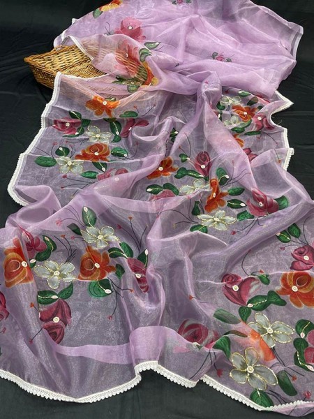 Superb Trending Soft Pure Organza handwork Khatli work on Printed Saree with Cotton  work  border