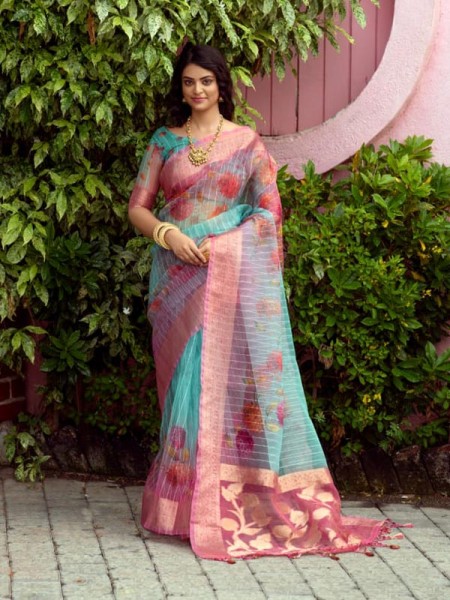 Attractive Look Orgenza Silk weaving Digital Print Saree with AllOver Sequence
