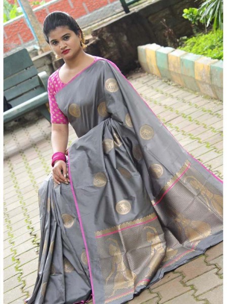 Latest Traditional Look Grey Color Soft Banarasi Silk Rich Pallu With Checks And Peacock Butta And Full Saree Peacock Butta Saree