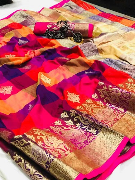 Attractive Look Multi Colour Banarasi Weaving Handloom Silk Saree With Rich Pallu