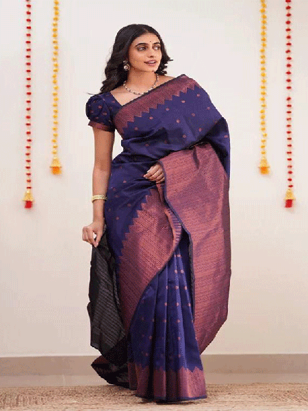 Stunning Blue  color Lichi Silk weaving Jacquard Saree