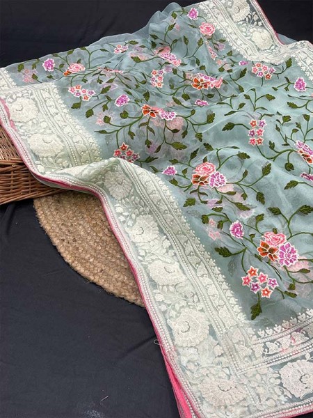 Latest Designer Organza Silk Saree with beautiful pallu and border of chikankari work