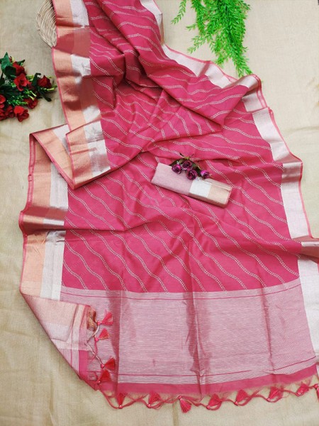 Traditional Linen Silk weaving Saree with shining strip hand print