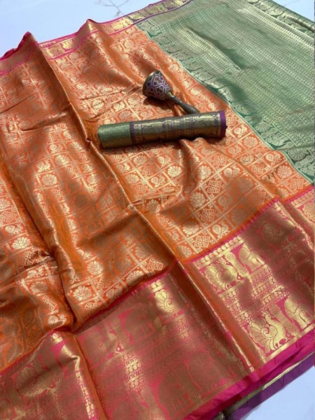 Exclusive Look Kanchipuram Silk weaving Saree with Rich Contrast Zari Wooven Pallu