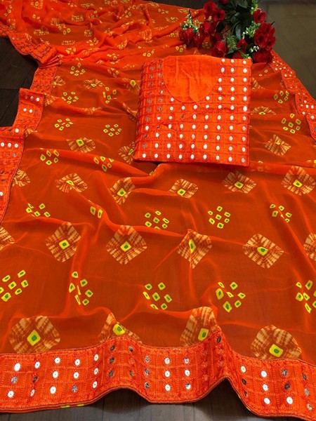 Designer Look Orange Georgette Bandhani Saree with border work