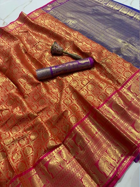Exclusive Look Kanchipuram Silk weaving Saree with Rich Contrast Zari Wooven Pallu
