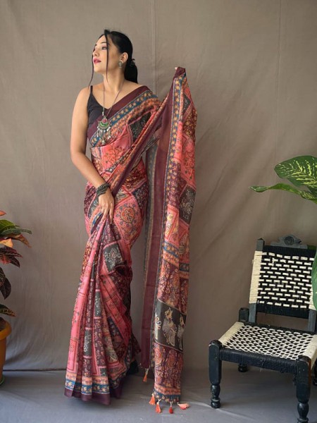 Kalamkari Linen Printed Saree with Contrast Blouse 