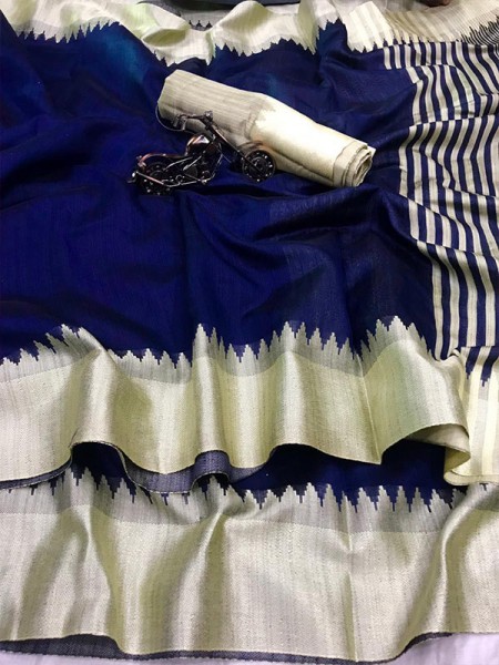 Plain Style Blue Raw Silk Saree with Lining Pallu  