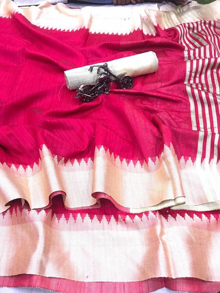 Plain Style Pink Raw Silk Saree with Lining Pallu  