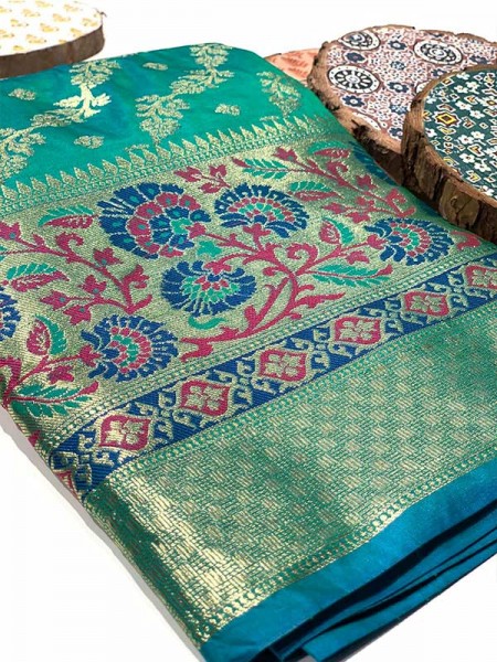 Stylish Look Cyan Colour Soft 2Ton Banarasi Silk Geometric Designer Saree