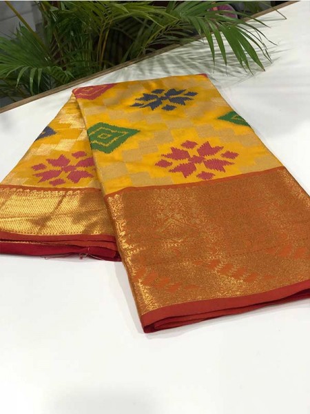 Stylish Look Yellow Colour Soft Banarasi Handloom Ikkat Weaving Silk Saree