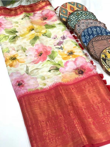 Stylish Look Multi Colour Soft Banarasi Silk Flower Print Designe Party Wear Saree