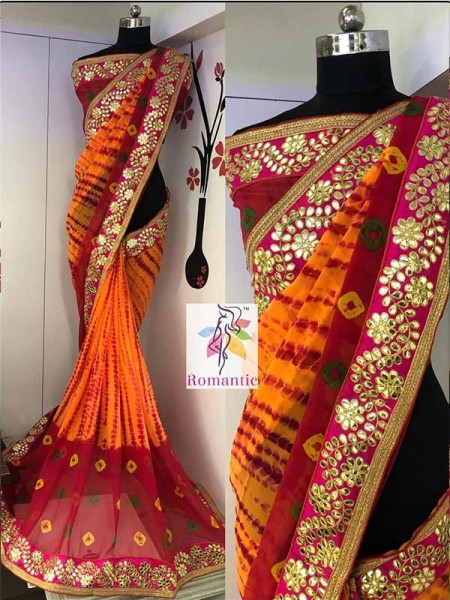 Design Orange Color Georgette Siburi Printed Saree With Beautiful Gota Pati Border   Blouse 