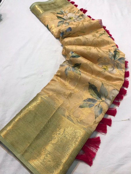 Floral Style Organza Saree with Zari Weaving N gold Zari border