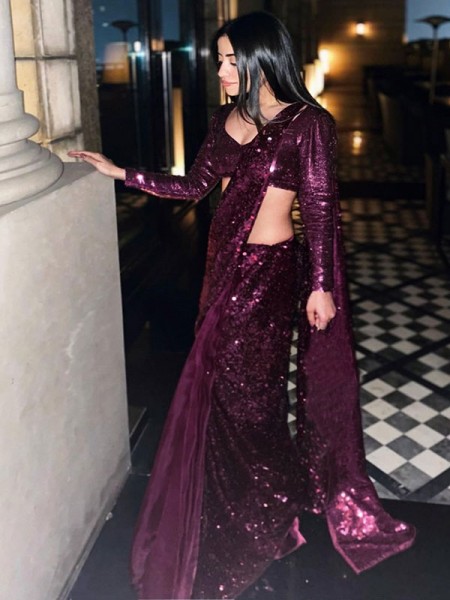 Bollywood Look Wine Colour Diamond Silk Georgette Fancy Sequnce Work With Fancy Sequnce Border Saree