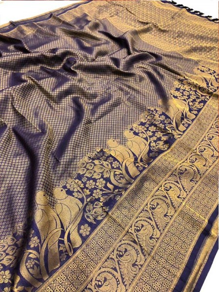 Stunning Look Blue  Colour Pure Banarasi Silk With Pure Gold Kasab Jari Yarn