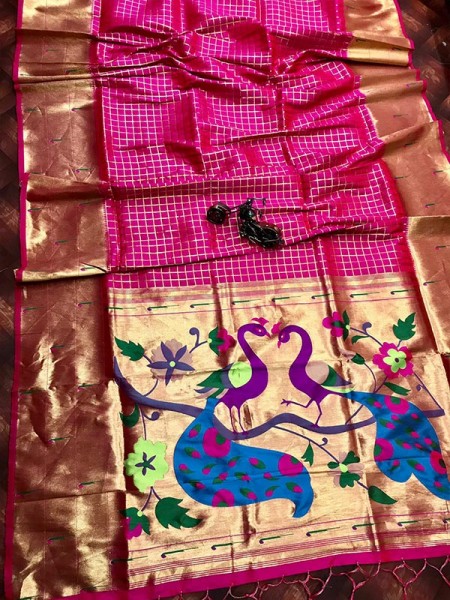 Unique Style Litchi Silk Chex Paithani Saree with attractive Pallu & Superb jalar