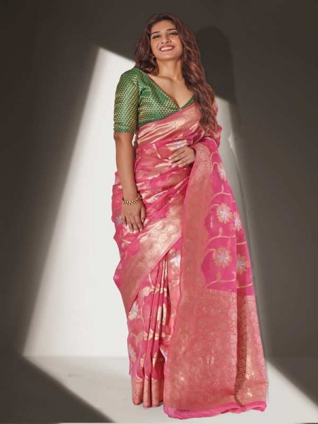 Stylish Look Pink Colour Soft Banarasi Organza Weaving with Contrast Hand dyed Banglory Blouse