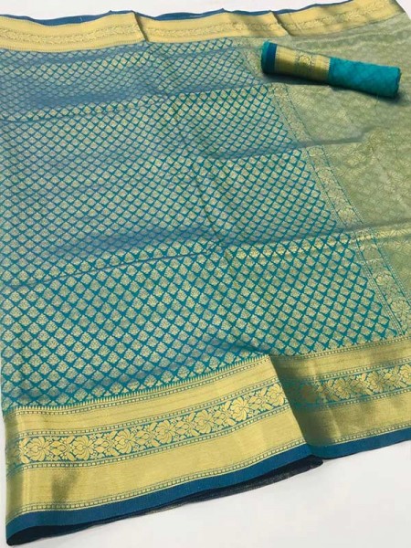  Beautiful Cyan Color Soft handloom Weaving silk Saree