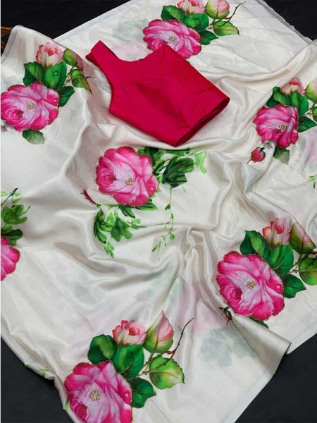 Multi Colored Pure Soft Chinnon Silk Saree Water Flower Prints Nd Fully Handwork Khatli Work