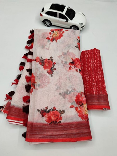 Graceful Digital Printed Linen Saree with Silver Jari Patta