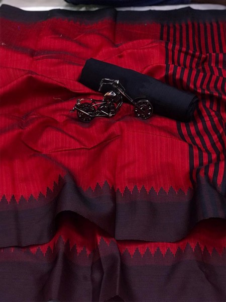 Plain Style Red Raw Silk Saree with Lining Pallu  