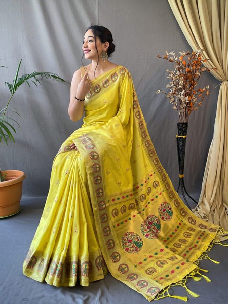 Unique Style Paithani Silk Saree with Meenakari Zari Weaving Motifs and pallu
