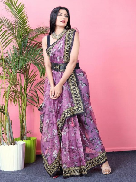Attractive Look Organza Printed Saree all over sequences lace border & attached latkan on pallu