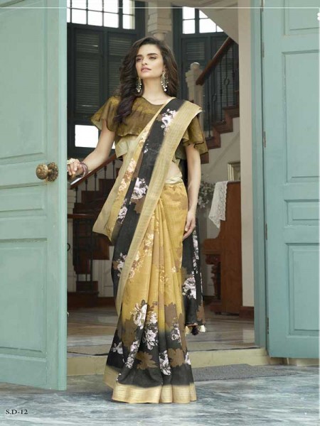 Beautiful Printed Multi Color LiNen Silver Patta Branded Saree