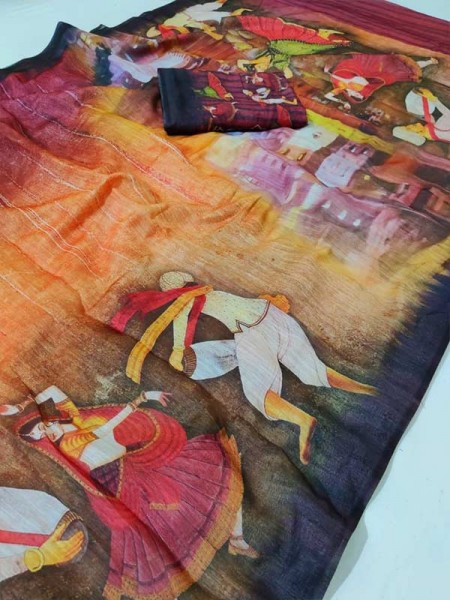 Beautiful Semi Handloom Kalamkari  Designed Blend Print Saree