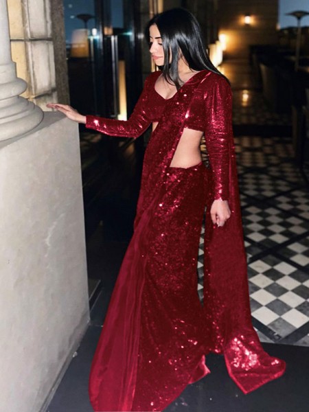 Bollywood Look Red Colour Diamond Silk Georgette Fancy Sequnce Work With Fancy Sequnce Border Saree